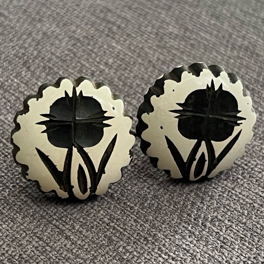Vintage Cream & Black Floral Enamel Clip-On Earrings